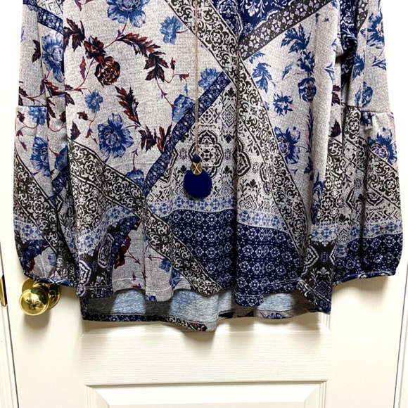 Oneworld Blue Patchwork Boho Peasant Top XL Floral Paisley Long Sleeve - Picture 8 of 11